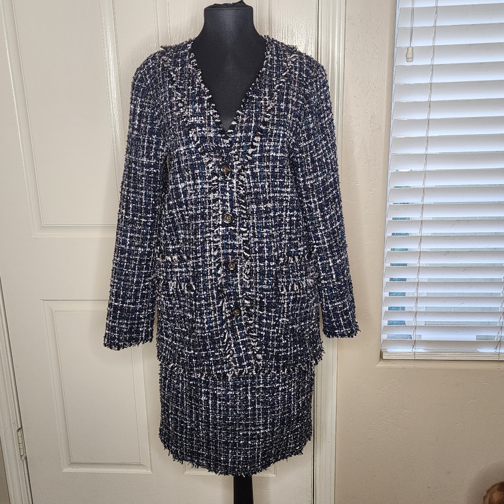 Ann Taylor Shimmer Fringe Tweed Cardigan Blazer And Skirt Set | Size 6 | EUC!